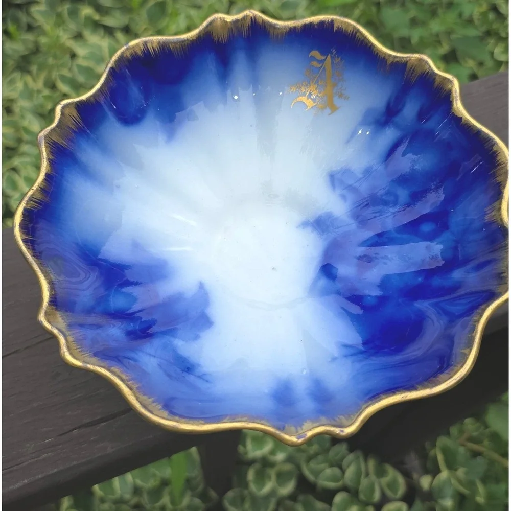 Antique Flow Blue Porcelain Pedestal Compote Bowl Gold Monogram A Scalloped